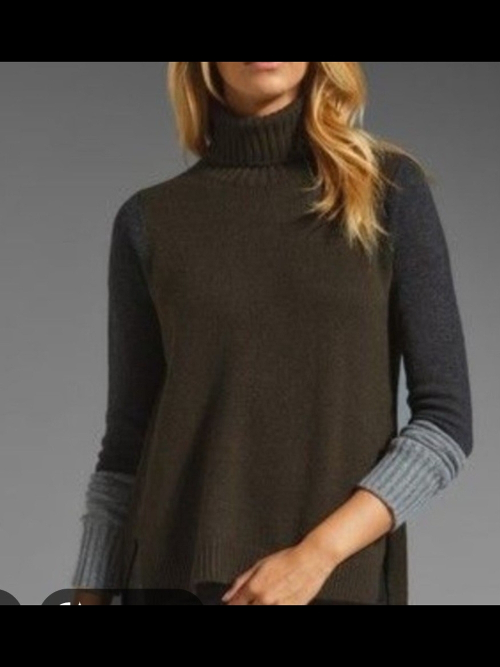 Vince Wool Cashmere Olive Turtleneck Sweater with Charcoal & Light Gray Sleeves